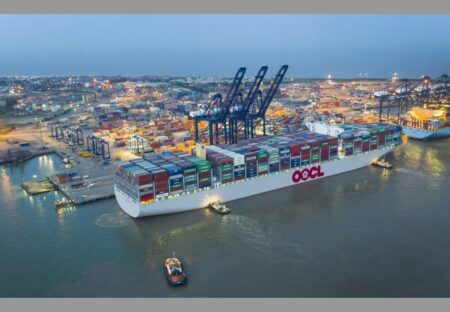 The World’s largest container ship, the 21,413 TEU OOCL Hong Kong, has made its maiden call at Hutchison Ports Port of Felixstowe.